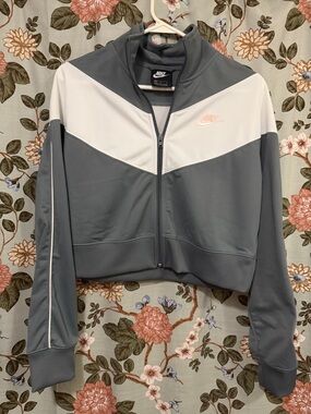 Nike Heritage Gray and White Cropped Track Jacket with Pale Pink Swoosh